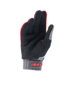 Alpinestars Youth A-Dura-handskar, mountainbikehandskar, Red Fluo och svart, vy av handflatan som visar syntetisk mocka, grå neoprenmanschett med kardborreband och röd Alpinestars-logotyp, designade för ungdomscykling