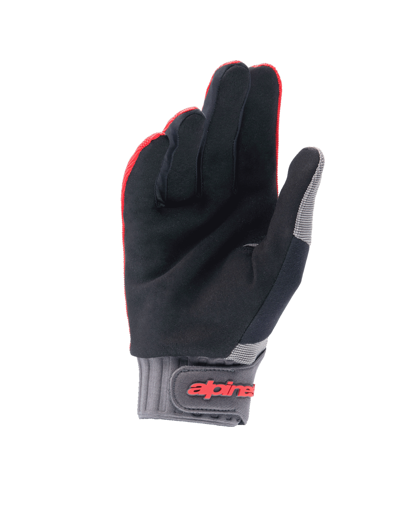 Alpinestars Youth A-Dura-handskar, mountainbikehandskar, Red Fluo och svart, vy av handflatan som visar syntetisk mocka, grå neoprenmanschett med kardborreband och röd Alpinestars-logotyp, designade för ungdomscykling