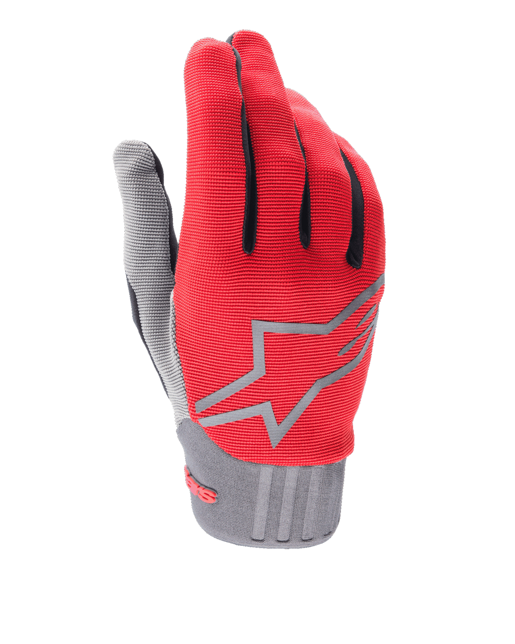 Alpinestars Youth A-Dura handskar, röda och grå mountainbikehandskar för barn, med en grå stjärnlogotyp på handryggen, svarta detaljer på fingrarna och en texturerad grå manschett, lättviktigt syntetiskt material för terrängcykling