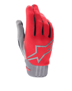 Alpinestars Youth A-Dura Gloves, Red and Gray, Mountain Bike Gloves for Kids, featuring a gray star logo on the back, black finger accents, and a textured gray cuff, lightweight synthetic fabric for off-road cycling