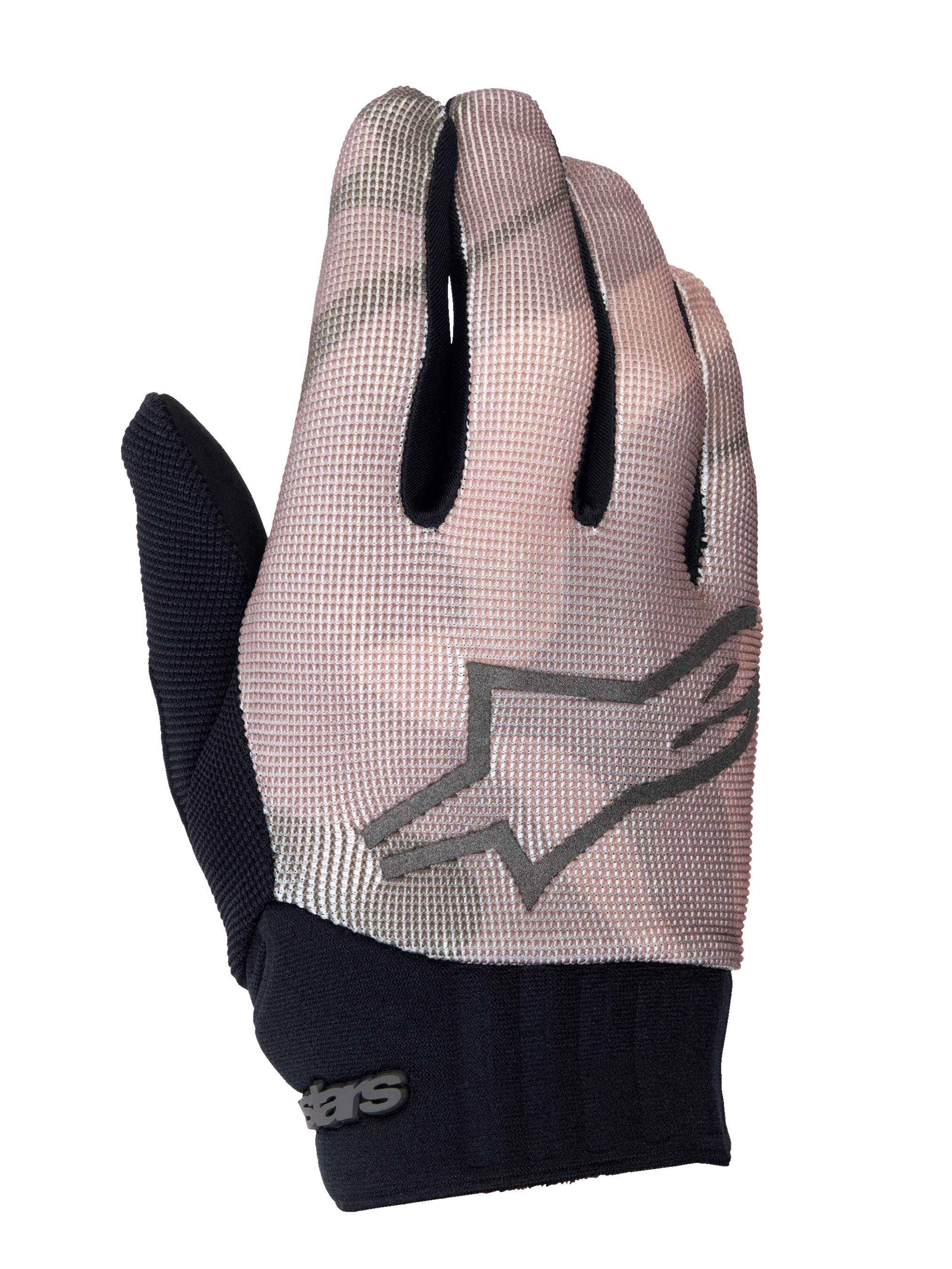 Alpinestars Youth A-Dura Gloves, Mountain Bike Gloves, Brown Camo and Black, featuring a grey star logo on the back, black neoprene cuff, and breathable textile upper for youth riders