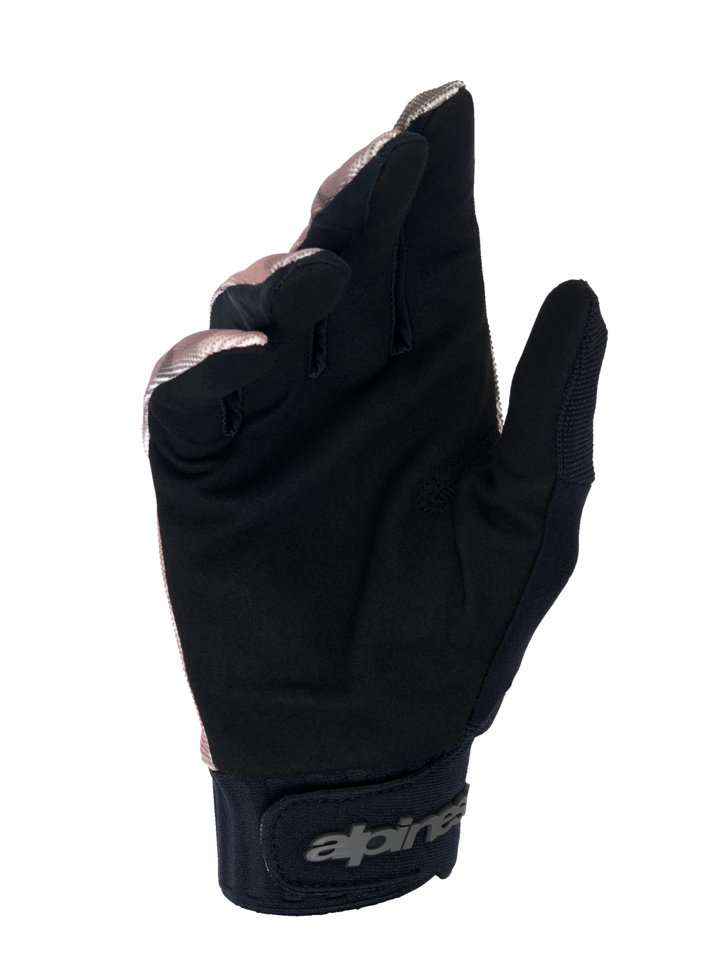 Alpinestars A-Dura Squad-handskar, MTB-handskar, camo och brun, handflatevy som visar svart syntetisk mocka, neoprenmudd med kardborrestängning och Alpinestars-logotyp, hållbar design för mountainbike