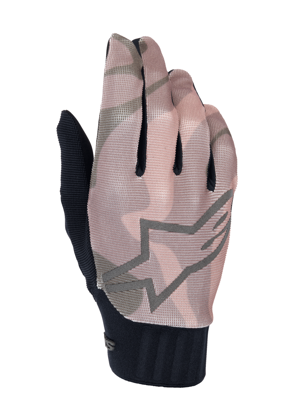 Alpinestars A-Dura Squad-handskar, mountainbike-handskar, brunt och grått kamouflagemönster, stor stjärnlogotyp-kontur på ovansidan, ovandel i texturerad mesh och svart ribbad manschett
