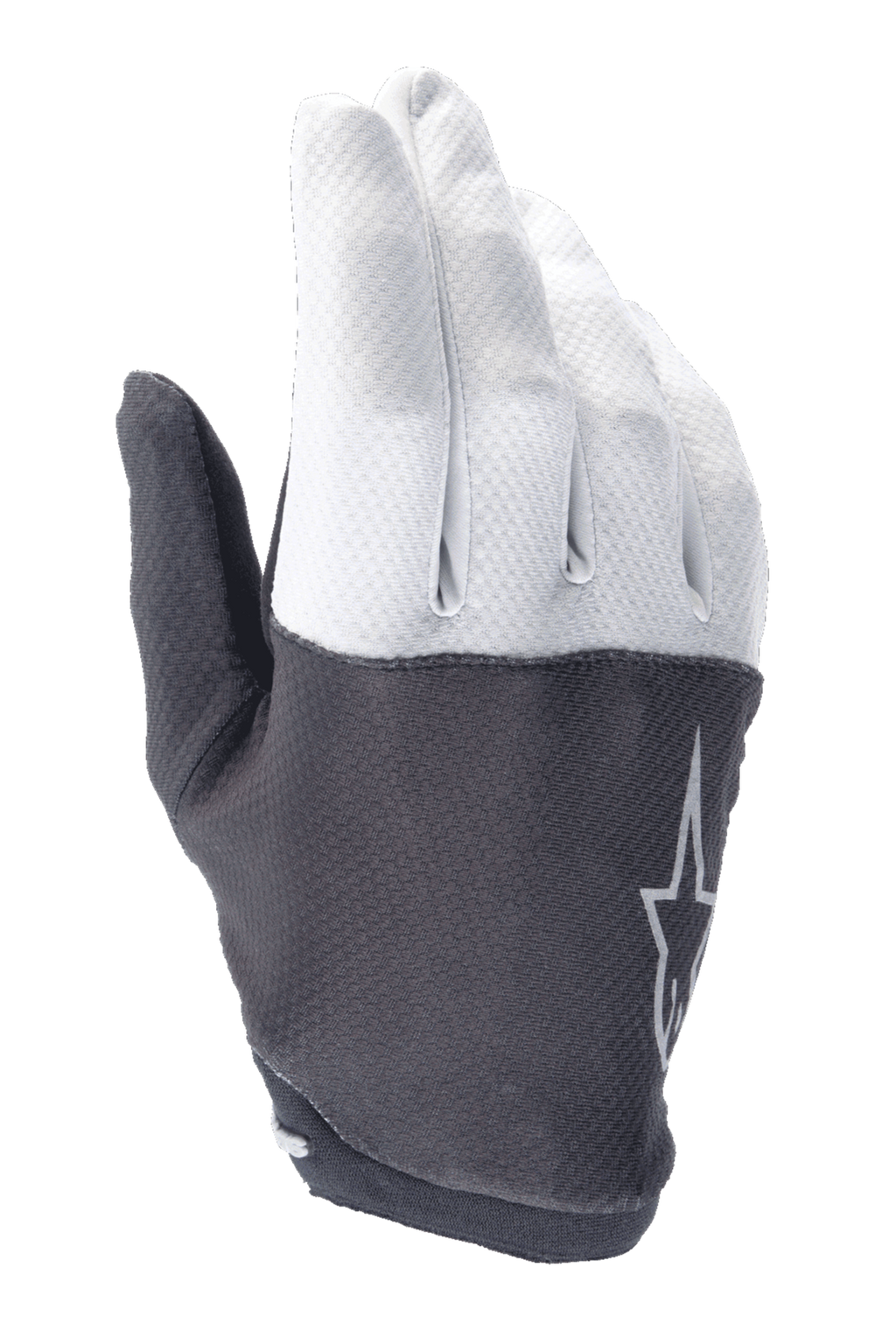 Alpinestars A-Aria handskar, mountainbikehandskar, ljusgrå och mörkgrå, texturerad ovansida med stjärnlogotyp, flexibelt material och lågprofilsdesign för terrängcykling