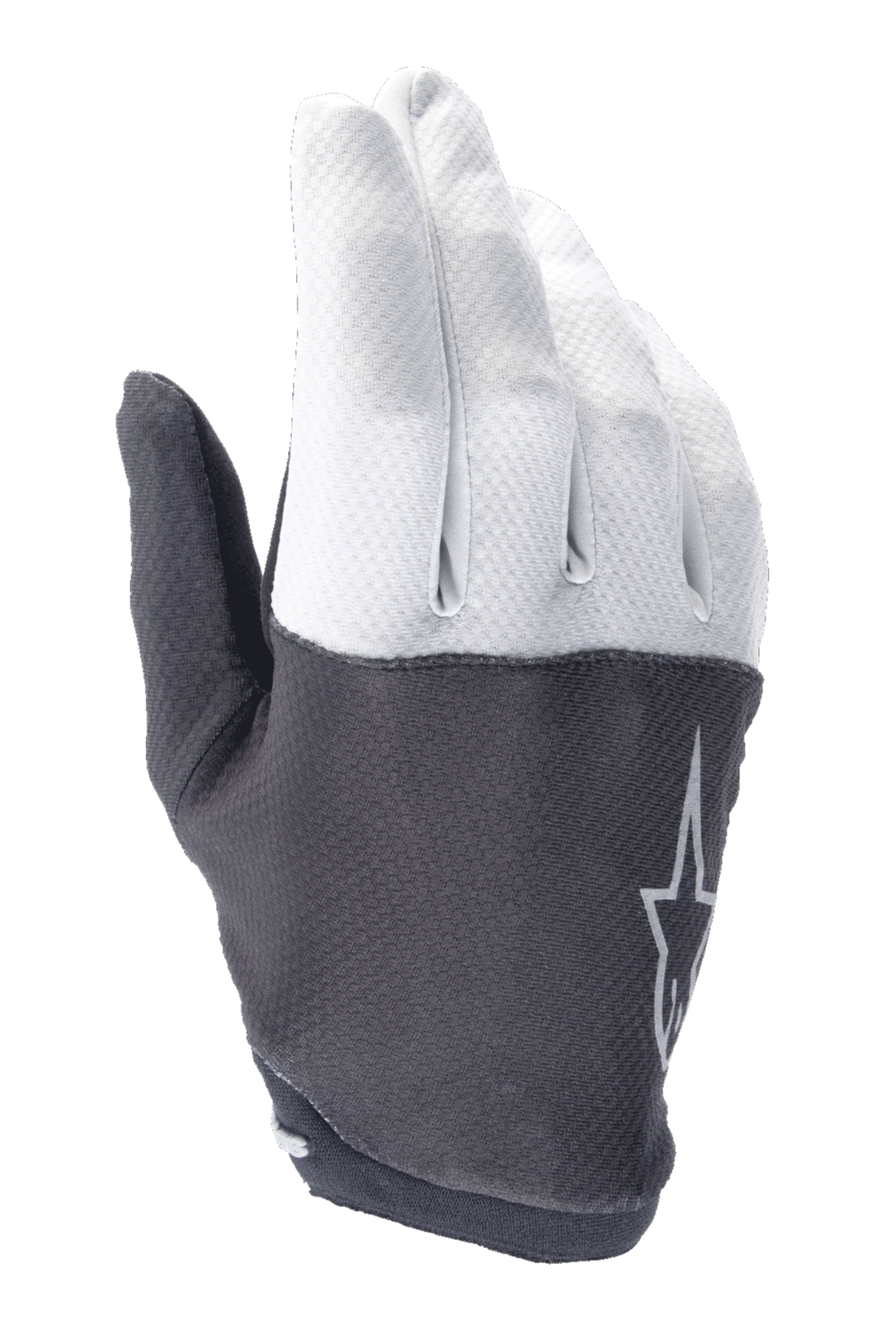 Alpinestars A-Aria handskar, mountainbikehandskar, ljusgrå och mörkgrå, texturerad ovansida med stjärnlogotyp, flexibelt material och lågprofilsdesign för terrängcykling