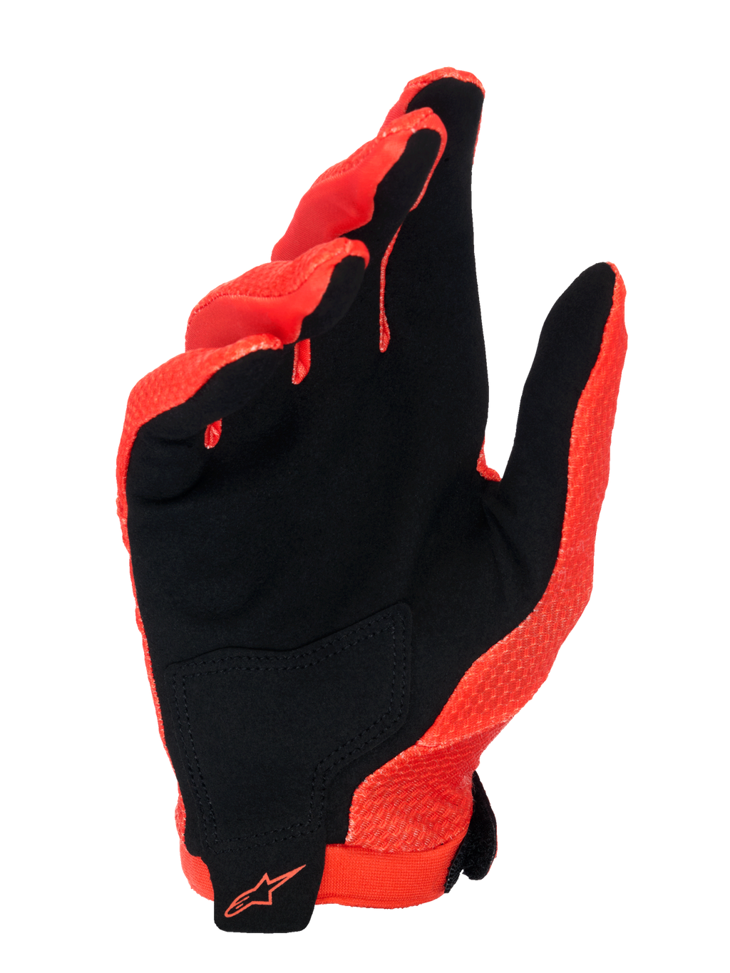 Alpinestars A-Aria-handskar, Spicy Orange och svart, vy av handflatan som visar syntetisk mocka med en svart förstärkning, orange Alpinestars-logotyp på handleden, lätt och ventilerad design för MTB och terrängcykling