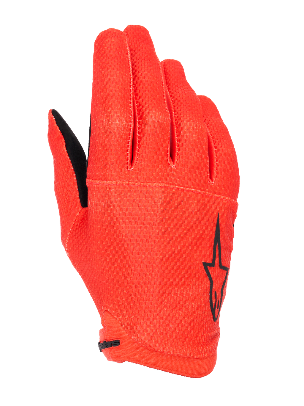 Alpinestars A-Aria handskar, mountainbikehandskar, Spicy Orange, med en svart stjärnlogotyp på sidan, texturerat stretchmaterial med god andningsförmåga och en lättviktsdesign med låg profil.