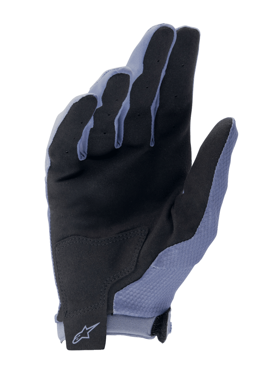 Alpinestars A-Aria-handskar, MTB-handskar för cykling, Infinity Blue och svart, vy av handflatan med syntetisk mocka för grepp, förstärkt handflata och handledsrem med kardborreband och Alpinestars-logotyp