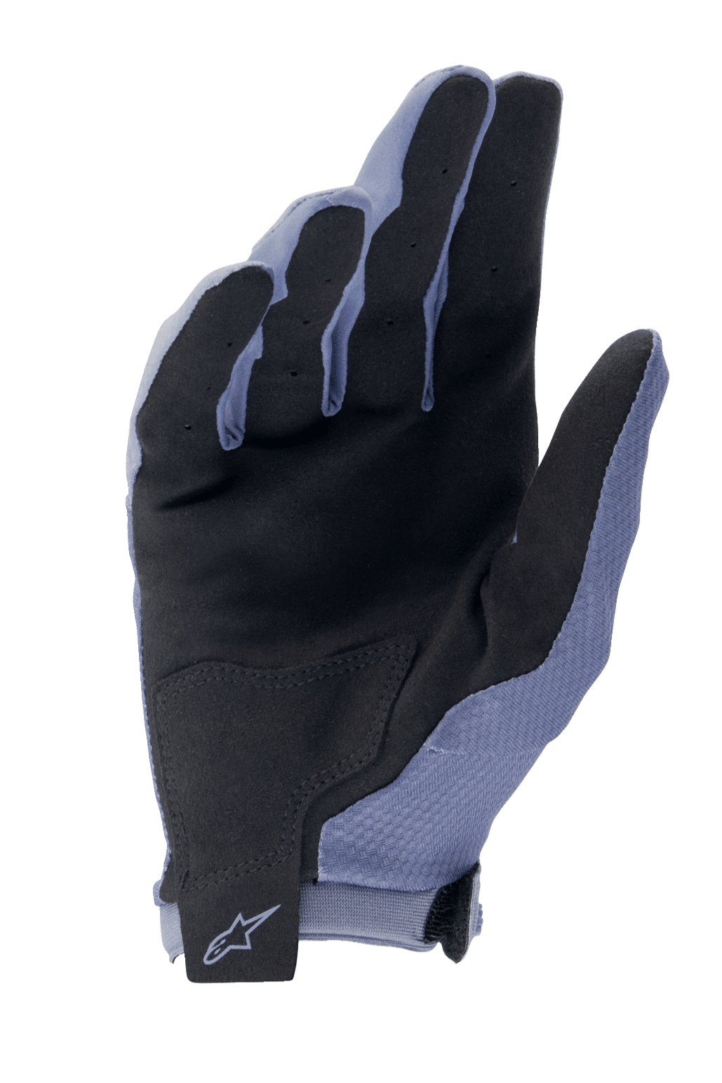 Alpinestars A-Aria-handskar, MTB-handskar för cykling, Infinity Blue och svart, vy av handflatan med syntetisk mocka för grepp, förstärkt handflata och handledsrem med kardborreband och Alpinestars-logotyp