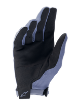 Alpinestars A-Aria-handskar, MTB-handskar för cykling, Infinity Blue och svart, vy av handflatan med syntetisk mocka för grepp, förstärkt handflata och handledsrem med kardborreband och Alpinestars-logotyp