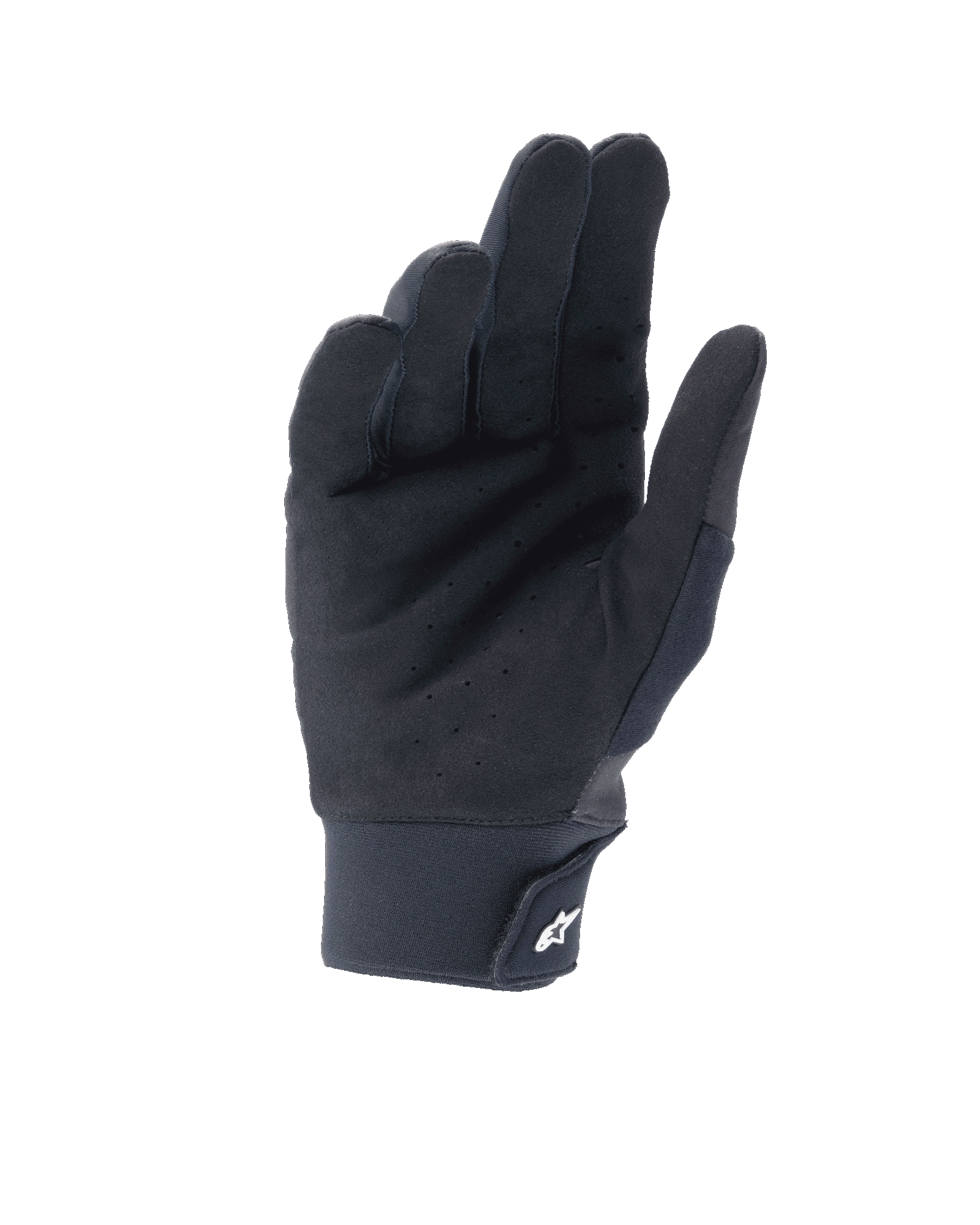 Alpinestars A-Supra Shield-handskar, svarta, vy av handflatan med perforerad syntetisk mocka för ventilation, neoprenmanschett med kardborrestängning och vit stjärnlogotyp, teknisk utrustning för MTB och gravitycykling