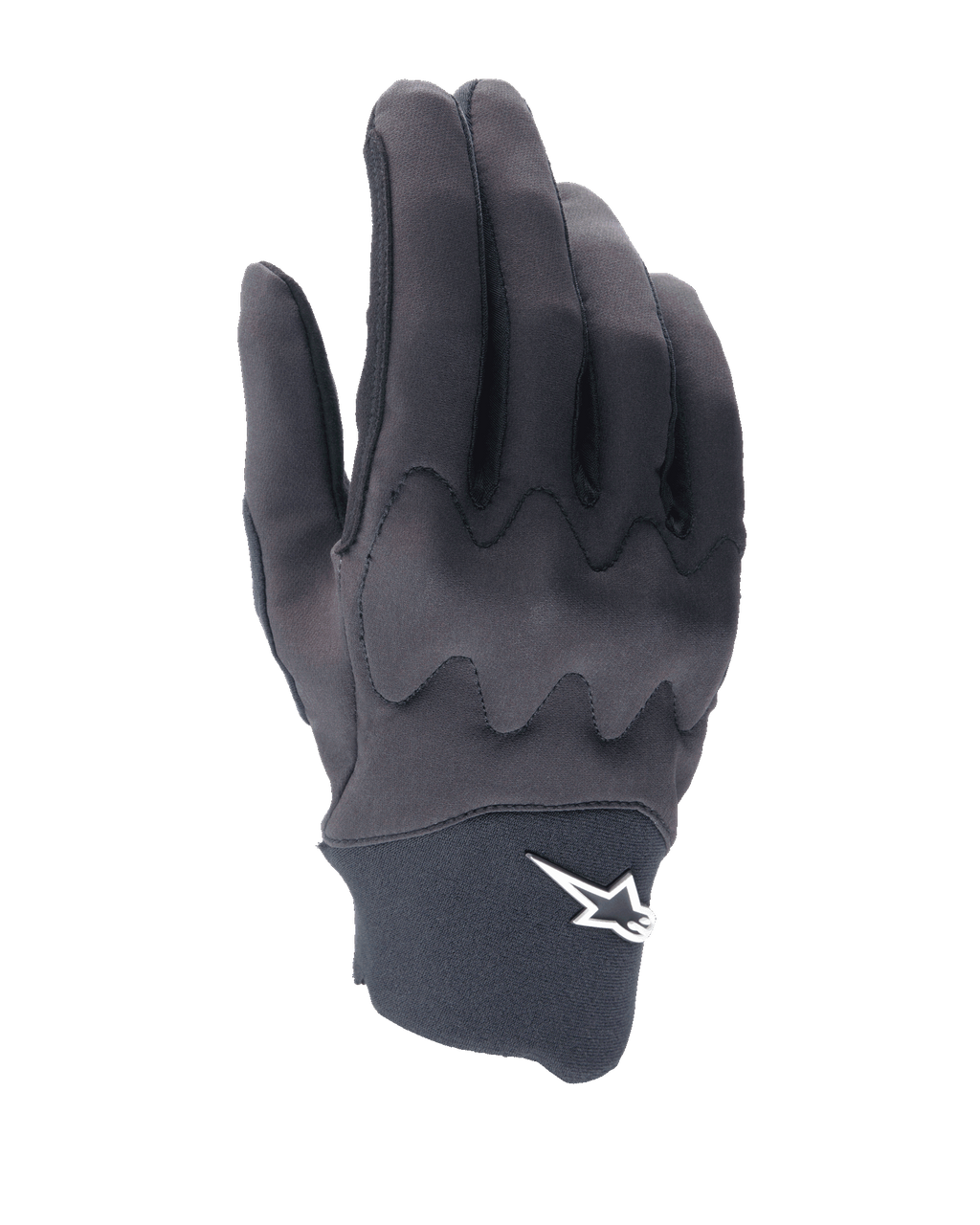 Alpinestars A-Supra Shield-handskar, MTB-cykelhandskar, svarta, elegant design med vågformat knogskyddsmönster, vit stjärnlogotyp på neoprenmanschetten, flexibel och hållbar konstruktion