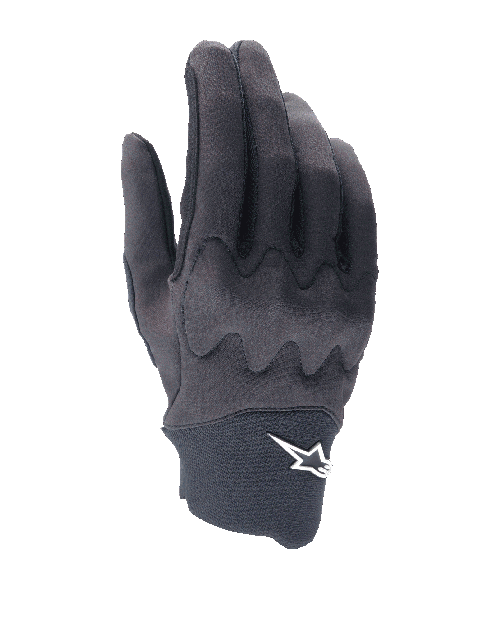 Alpinestars A-Supra Shield-handskar, MTB-cykelhandskar, svarta, elegant design med vågformat knogskyddsmönster, vit stjärnlogotyp på neoprenmanschetten, flexibel och hållbar konstruktion