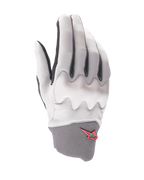 Alpinestars A-Supra Shield Gloves, Mountain Bike Gloves, Light Gray, featuring a wavy knuckle protection shield, dark gray neoprene cuff with red star logo, ergonomic design for gravity cycling
