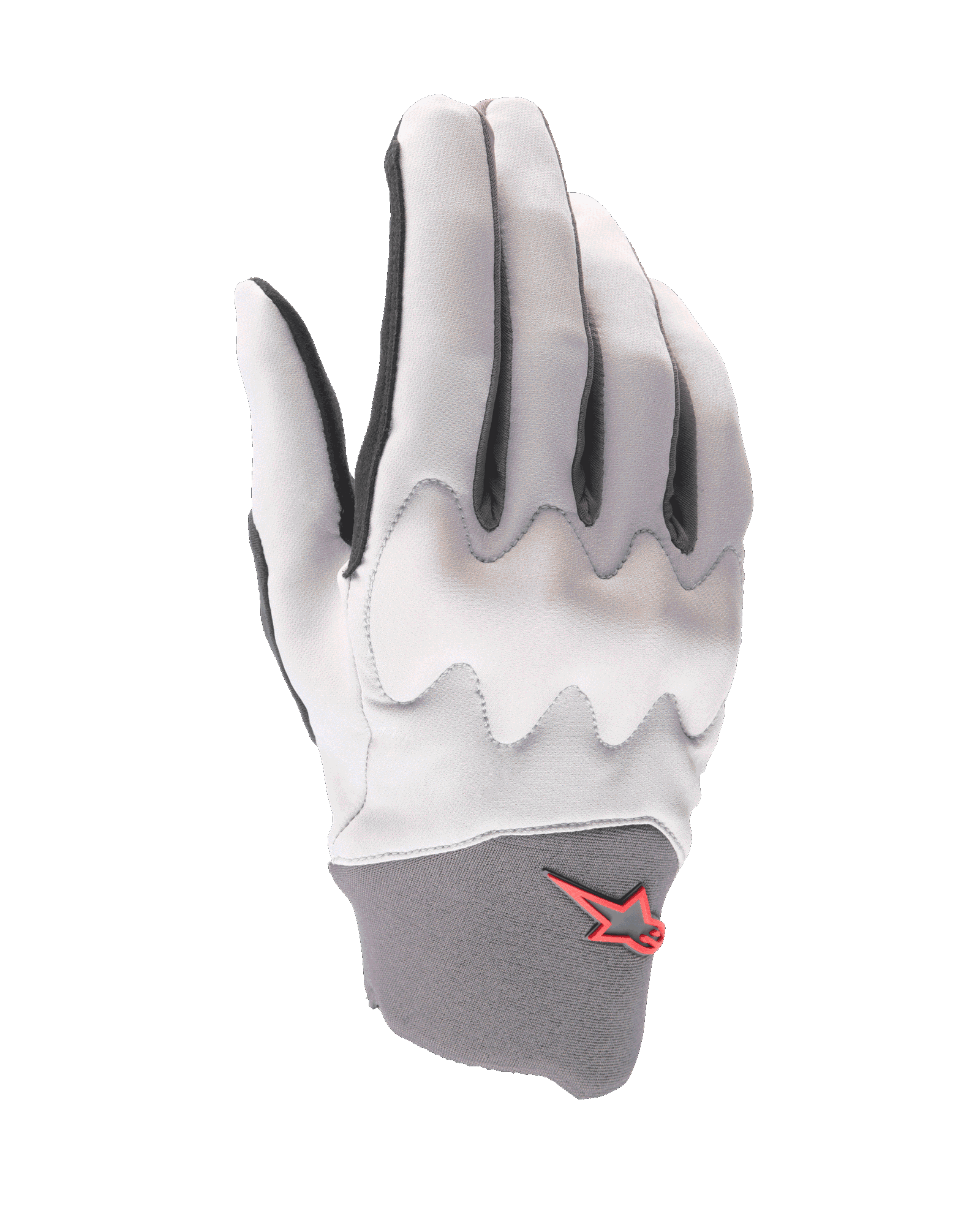 Alpinestars A-Supra Shield handskar, mountainbikehandskar, ljusgrå, med ett vågformat knogskydd, mörkgrå neoprenmudd med röd stjärnlogotyp, ergonomisk design för gravity-cykling