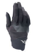 Alpinestars A-Supra handskar, MTB-cykelhandskar, svarta med grå texturerad patch, vit stjärnlogotyp vid handleden, flexibelt spandexmaterial för mountainbike- och terrängcykling