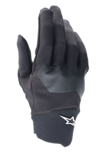 Alpinestars A-Supra handskar, MTB-cykelhandskar, svarta med grå texturerad patch, vit stjärnlogotyp vid handleden, flexibelt spandexmaterial för mountainbike- och terrängcykling