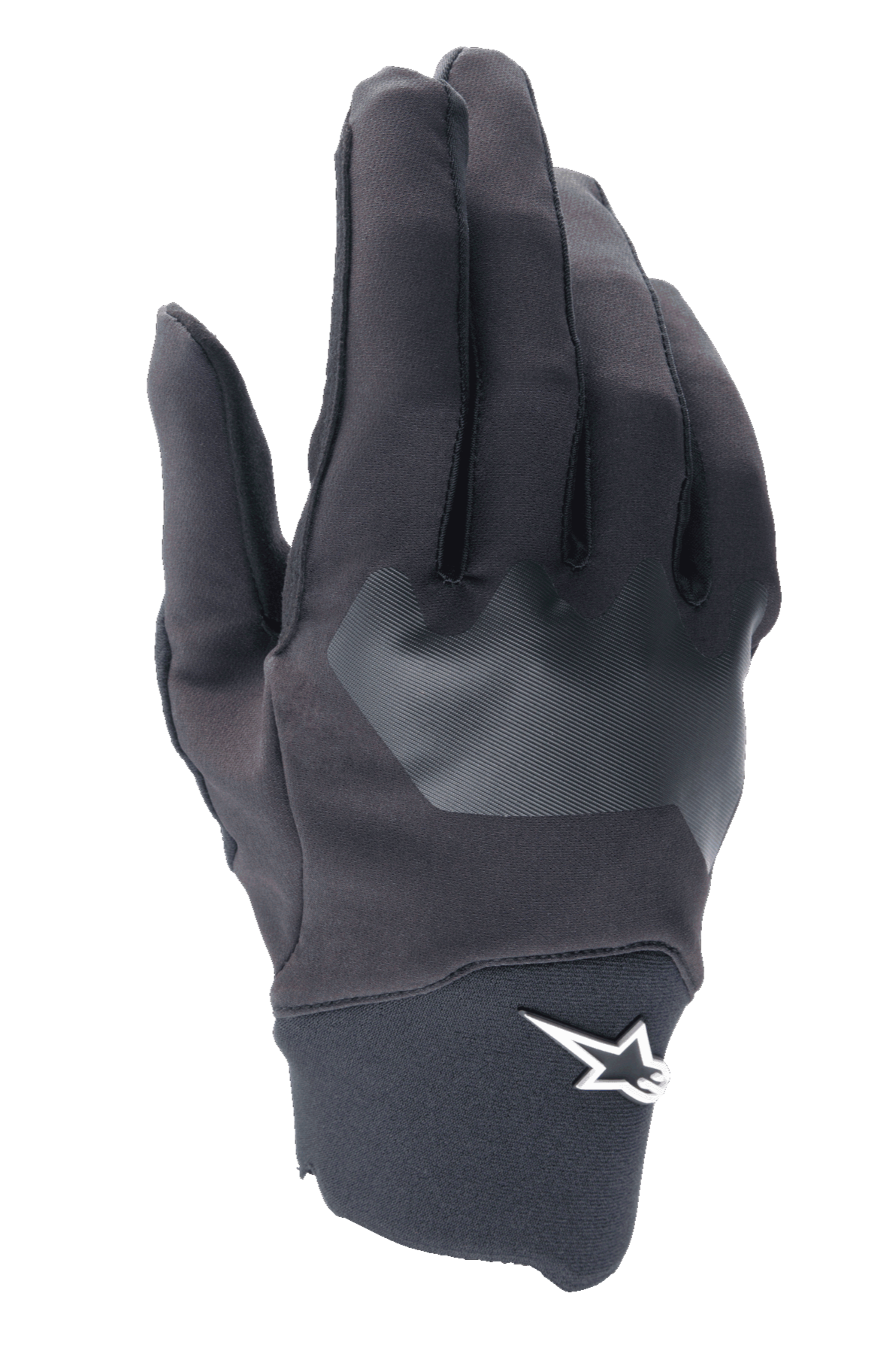Alpinestars A-Supra handskar, MTB-cykelhandskar, svarta med grå texturerad patch, vit stjärnlogotyp vid handleden, flexibelt spandexmaterial för mountainbike- och terrängcykling