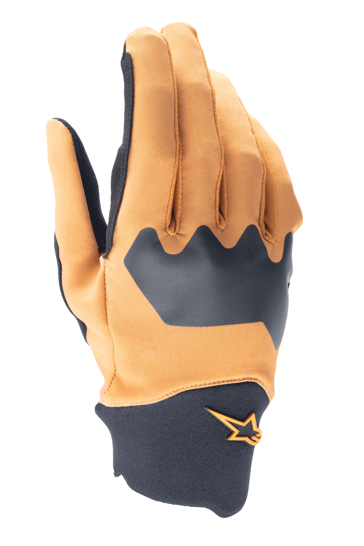 Alpinestars A-Supra Gloves, Mountain Bike Gloves, Dark Gold and Black, flexible spandex backhand with neoprene cuff, featuring an orange star logo, durable off-road cycling gear
