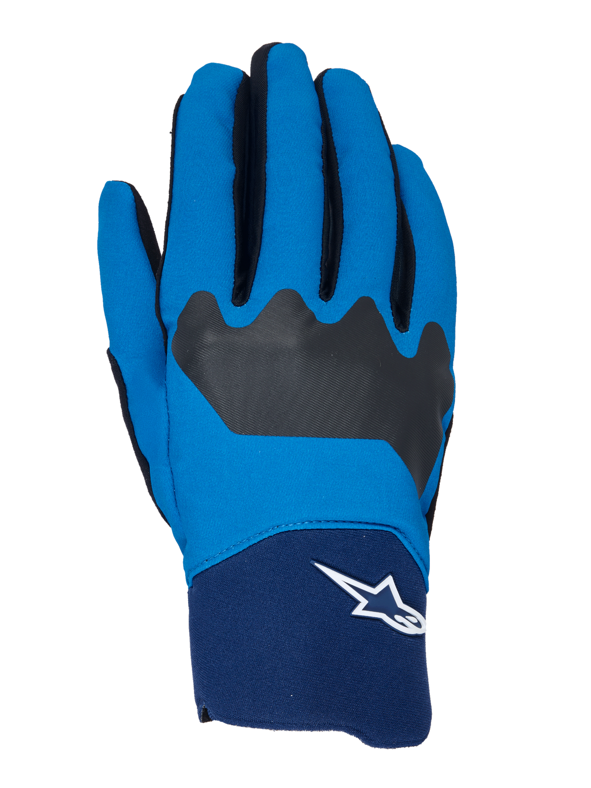Alpinestars A-Supra handskar, MTB-cykelhandskar, blå och marinblå med svarta detaljer, vit Astars-logotyp på mudd, flexibel tygkonstruktion för terrängprestanda