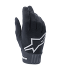 Alpinestars A-Dura Gloves, Black Mountain Bike Gloves, featuring a large white star logo on the back, textured stretch fabric, and a wide neoprene cuff with branding, designed for off-road cycling performance.