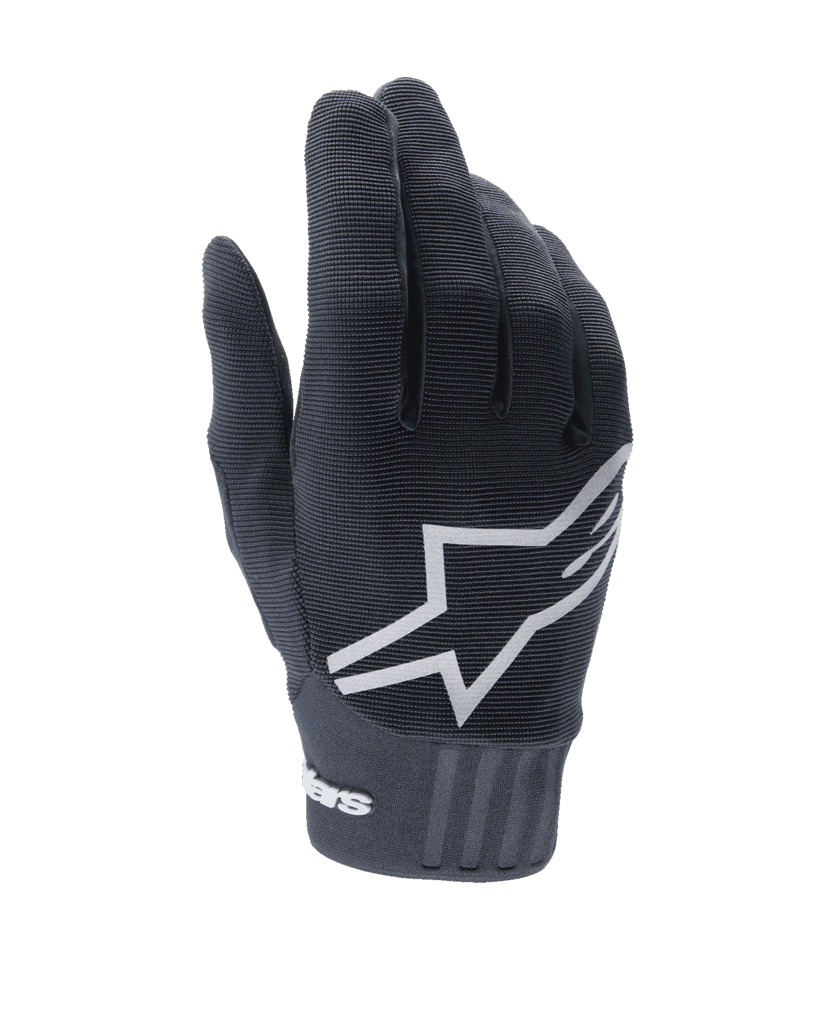 Alpinestars A-Dura handskar, svarta mountainbikehandskar med en stor vit stjärnlogotyp på ovansidan, texturerat stretchmaterial och en bred neoprenmanschett med logotyp, designade för prestanda vid terrängcykling.