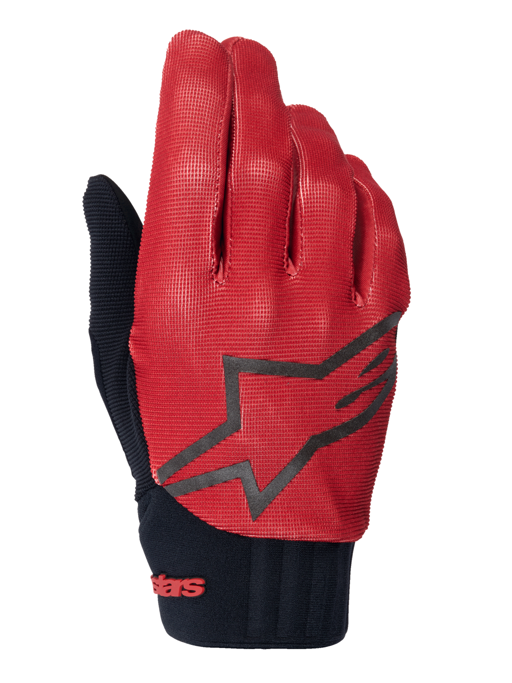 Alpinestars A-Dura-handskar, MTB-handskar, mörkorange och svarta, ovansida med texturerat rutmönster, stor svart stjärnlogotyp, svart neoprenmanschett med röd logotyp, designade för grepp och prestanda vid mountainbikecykling