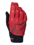 Alpinestars A-Dura-handskar, MTB-handskar, mörkorange och svarta, ovansida med texturerat rutmönster, stor svart stjärnlogotyp, svart neoprenmanschett med röd logotyp, designade för grepp och prestanda vid mountainbikecykling