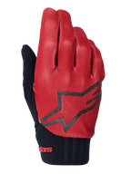 Alpinestars A-Dura-handskar, MTB-handskar, mörkorange och svarta, ovansida med texturerat rutmönster, stor svart stjärnlogotyp, svart neoprenmanschett med röd logotyp, designade för grepp och prestanda vid mountainbikecykling