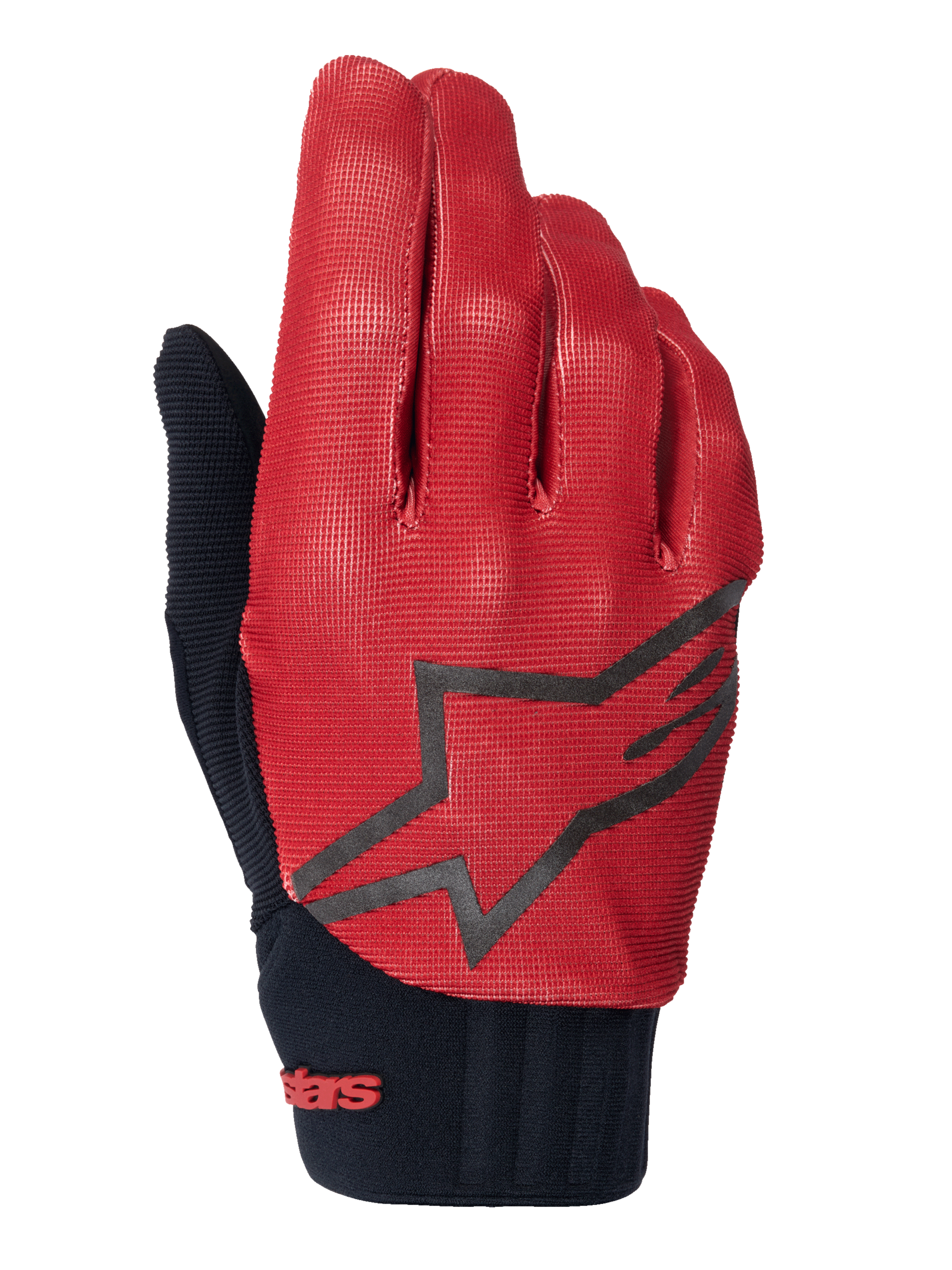 Alpinestars A-Dura-handskar, MTB-handskar, mörkorange och svarta, ovansida med texturerat rutmönster, stor svart stjärnlogotyp, svart neoprenmanschett med röd logotyp, designade för grepp och prestanda vid mountainbikecykling