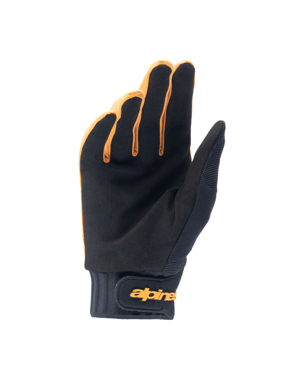 Alpinestars A-Dura-handskar, mountainbikehandskar, mörkt guld och svart, handflatevy som visar syntetiskt mockamaterial, neoprenmanschett med gul kardborreknäppning vid handleden, designade för grepp och rörlighet vid cykling.
