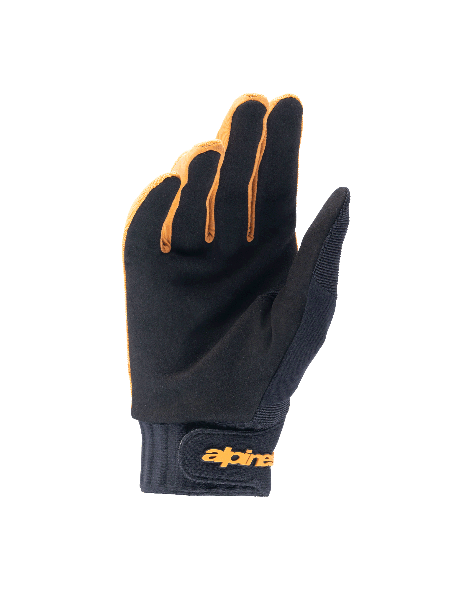 Alpinestars A-Dura-handskar, mountainbikehandskar, mörkt guld och svart, handflatevy som visar syntetiskt mockamaterial, neoprenmanschett med gul kardborreknäppning vid handleden, designade för grepp och rörlighet vid cykling.