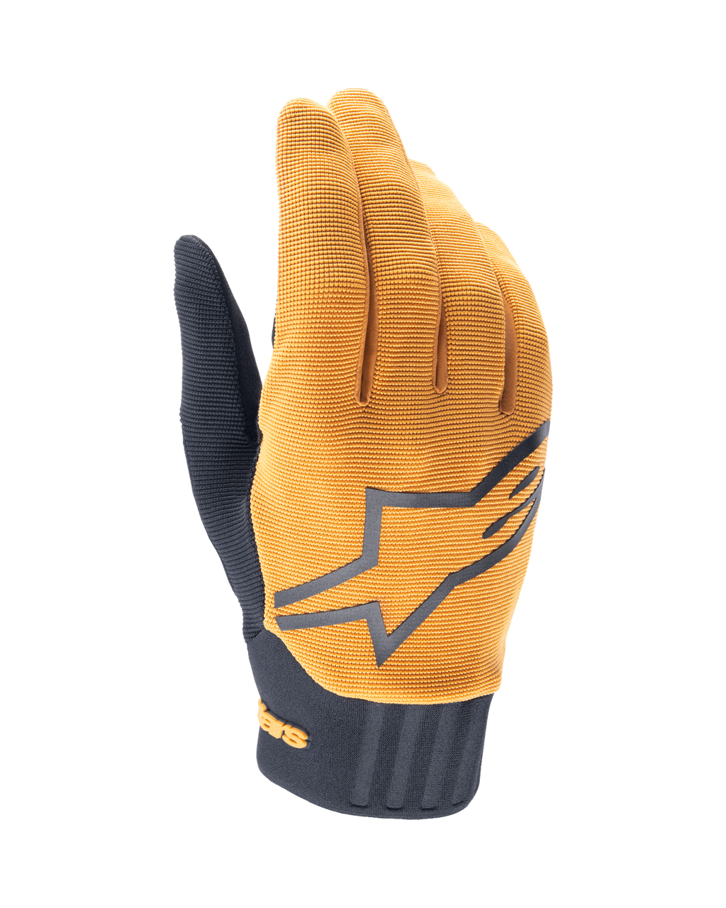 Alpinestars A-Dura handskar, MTB-handskar, mörkguld och svarta, texturerad ovandel i guldfärgat tyg med en stor grå Alpinestars-logotyp, svart neoprenmanschett, designade för grepp och rörlighet vid terrängcykling