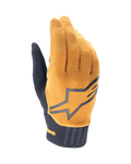 Alpinestars A-Dura handskar, MTB-handskar, mörkguld och svarta, texturerad ovandel i guldfärgat tyg med en stor grå Alpinestars-logotyp, svart neoprenmanschett, designade för grepp och rörlighet vid terrängcykling