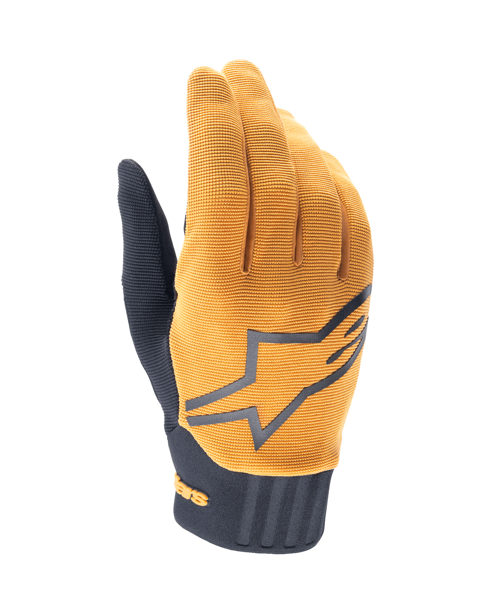 Alpinestars A-Dura handskar, MTB-handskar, mörkguld och svarta, texturerad ovandel i guldfärgat tyg med en stor grå Alpinestars-logotyp, svart neoprenmanschett, designade för grepp och rörlighet vid terrängcykling