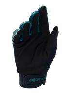 Alpinestars A-Dura-handskar, MTB-handskar, Green Camo och svart, vy från handflatan som visar svart syntetiskt mockamaterial, neoprenmanschett med justerbart kardborreband, teal Alpinestars-profilering, professionell terrängutrustning