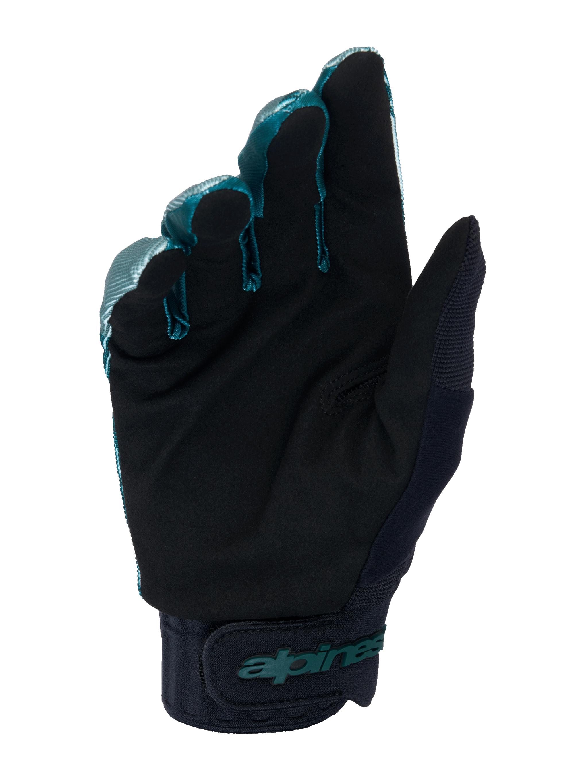 Alpinestars A-Dura-handskar, MTB-handskar, Green Camo och svart, vy från handflatan som visar svart syntetiskt mockamaterial, neoprenmanschett med justerbart kardborreband, teal Alpinestars-profilering, professionell terrängutrustning