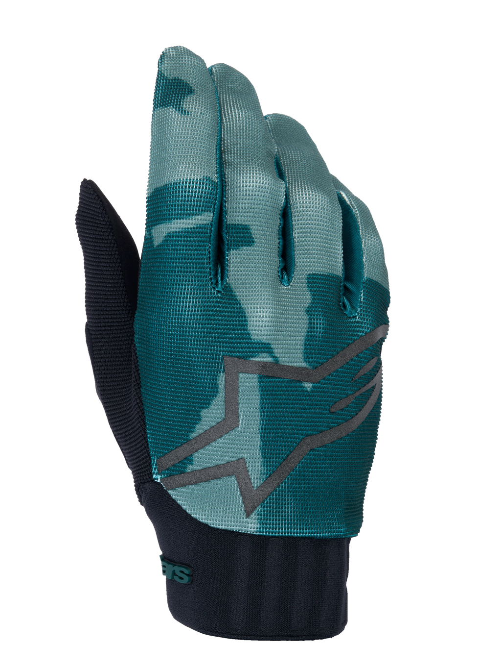 Alpinestars A-Dura-handskar, MTB-handskar, Green Camo, turkost och mörkgrönt kamouflagemönster med en stor grå stjärnlogotyp, svart ribbad neoprenmanschett, teknisk utrustning för terrängcykling
