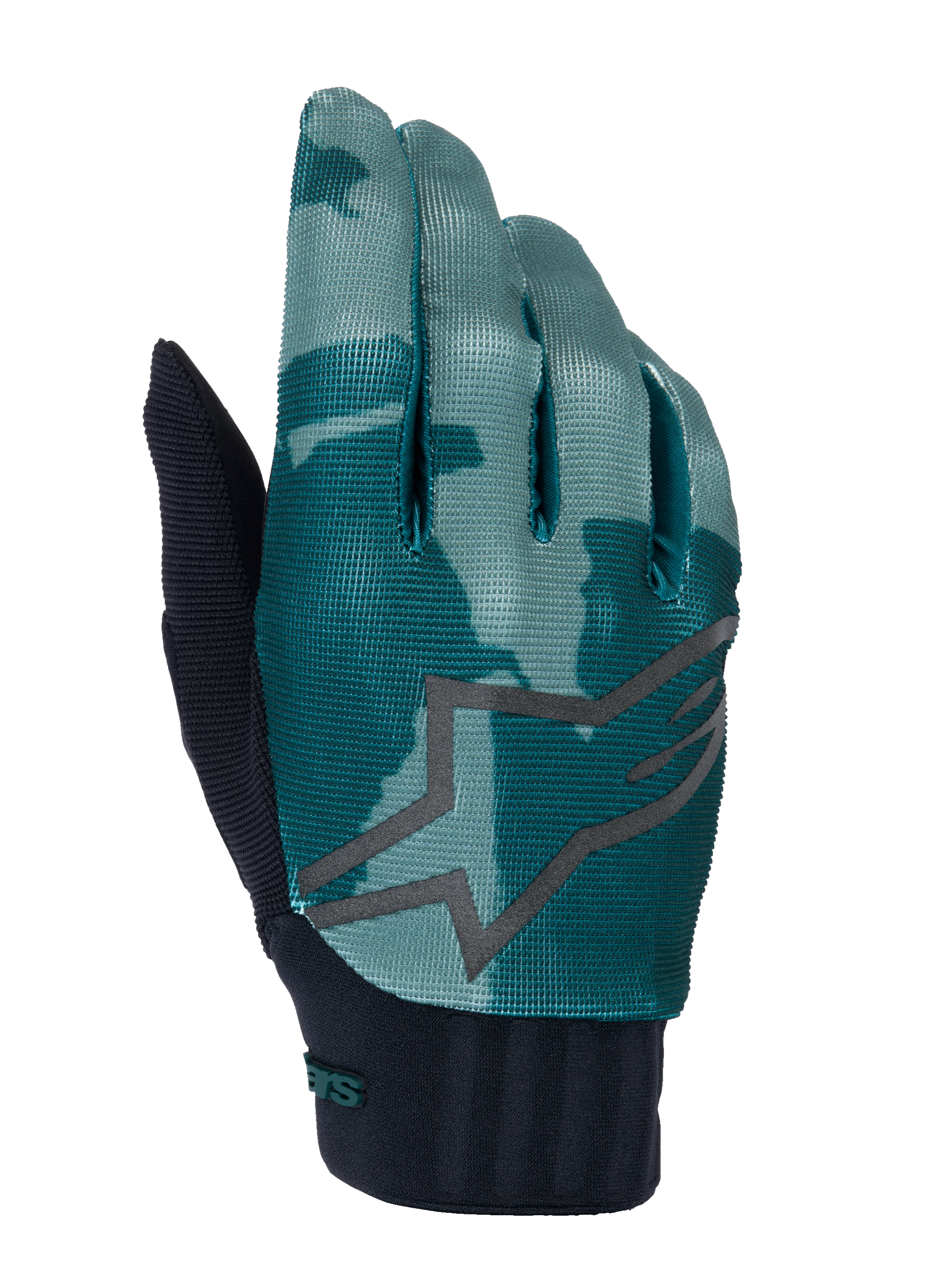 Alpinestars A-Dura-handskar, MTB-handskar, Green Camo, turkost och mörkgrönt kamouflagemönster med en stor grå stjärnlogotyp, svart ribbad neoprenmanschett, teknisk utrustning för terrängcykling