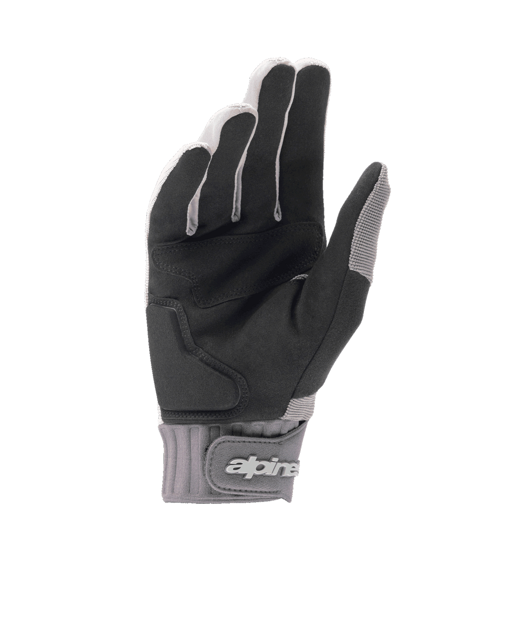Alpinestars A-Dura Gel-handskar, ljusgrå och svarta mountainbikehandskar, vy av handflatan i svart syntetisk mocka med gelvaddering, neoprenmudd med kardborrestängning och logotyp, ergonomisk cykelutrustning