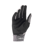 Alpinestars A-Dura Gel-handskar, ljusgrå och svarta mountainbikehandskar, vy av handflatan i svart syntetisk mocka med gelvaddering, neoprenmudd med kardborrestängning och logotyp, ergonomisk cykelutrustning