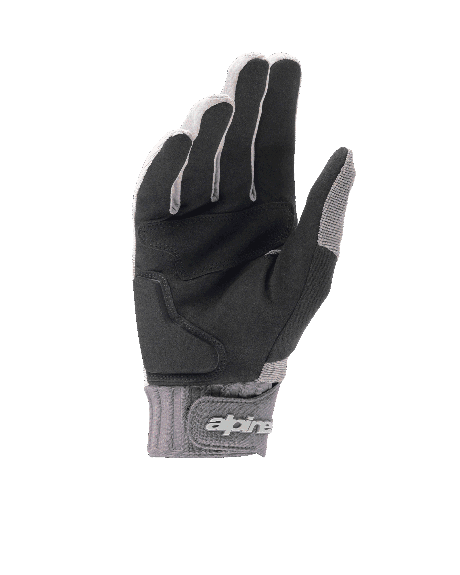 Alpinestars A-Dura Gel-handskar, ljusgrå och svarta mountainbikehandskar, vy av handflatan i svart syntetisk mocka med gelvaddering, neoprenmudd med kardborrestängning och logotyp, ergonomisk cykelutrustning