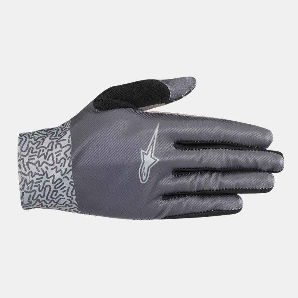 Alpinestars Stella Alderex Pro handskar för damer, MTB-handskar, antracitgrå, med en diagonalt texturerad ovandel med en vit Alpinestars-logotyp, svart frottépanel på tummen och mudd med abstrakt mönster, terrängcyklingsutrustning