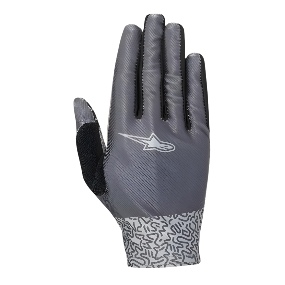 Alpinestars Stella Alderex Pro handskar för dam, antracitgrå cykelhandskar, vy bakifrån med en vit Alpinestars-logotyp, diagonalmönstrad mesh-ovandel och en mönstrad mudd