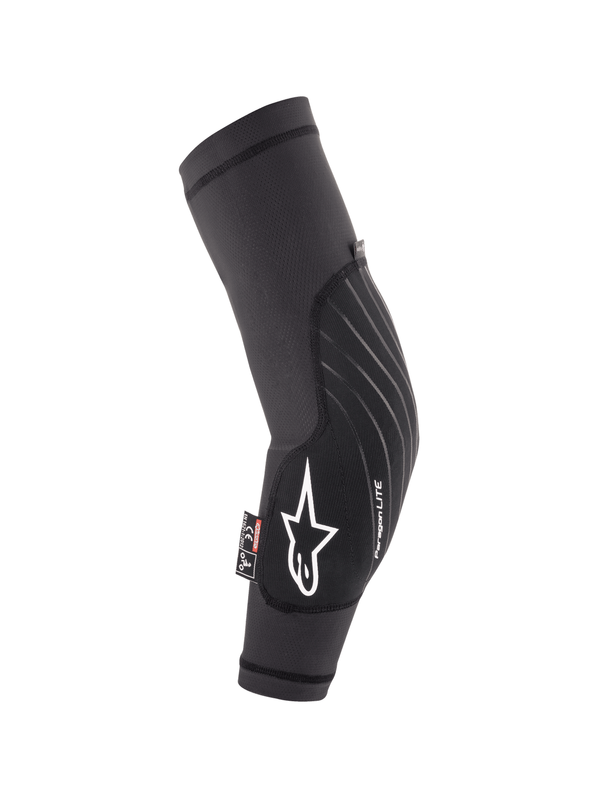 Alpinestars Youth Paragon Lite armbågsskydd, svarta, lättviktigt MTB-skydd för mountainbike, andningsbar mesh-ärm med vit stjärnlogotyp och Paragon LITE-branding, ergonomisk böjd design med slitstark frontpanel