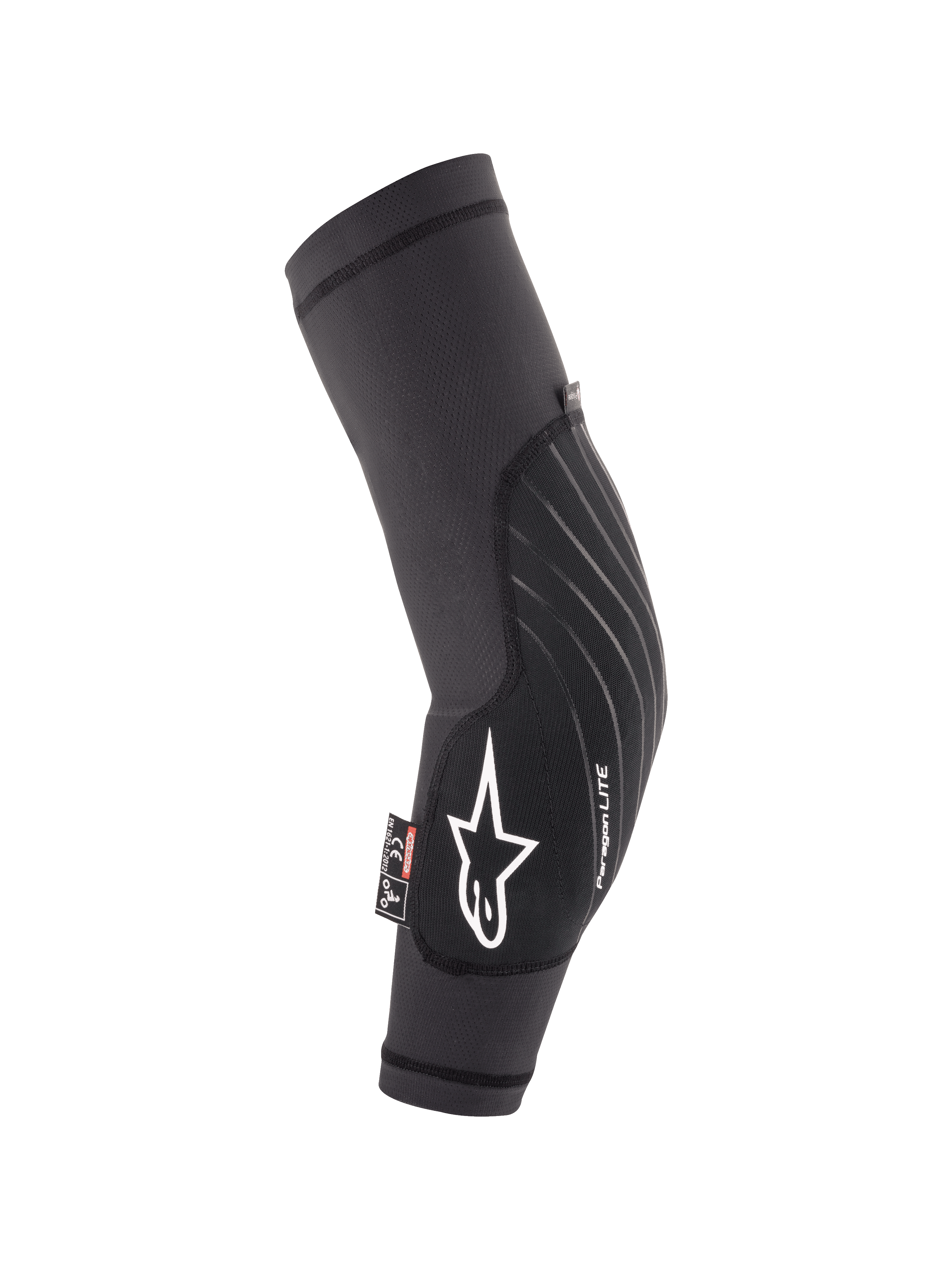 Alpinestars Youth Paragon Lite Elbow Protectors, Black, lightweight MTB mountain biking protection, breathable mesh sleeve with white star logo and Paragon LITE branding, ergonomic curved design with durable front panel