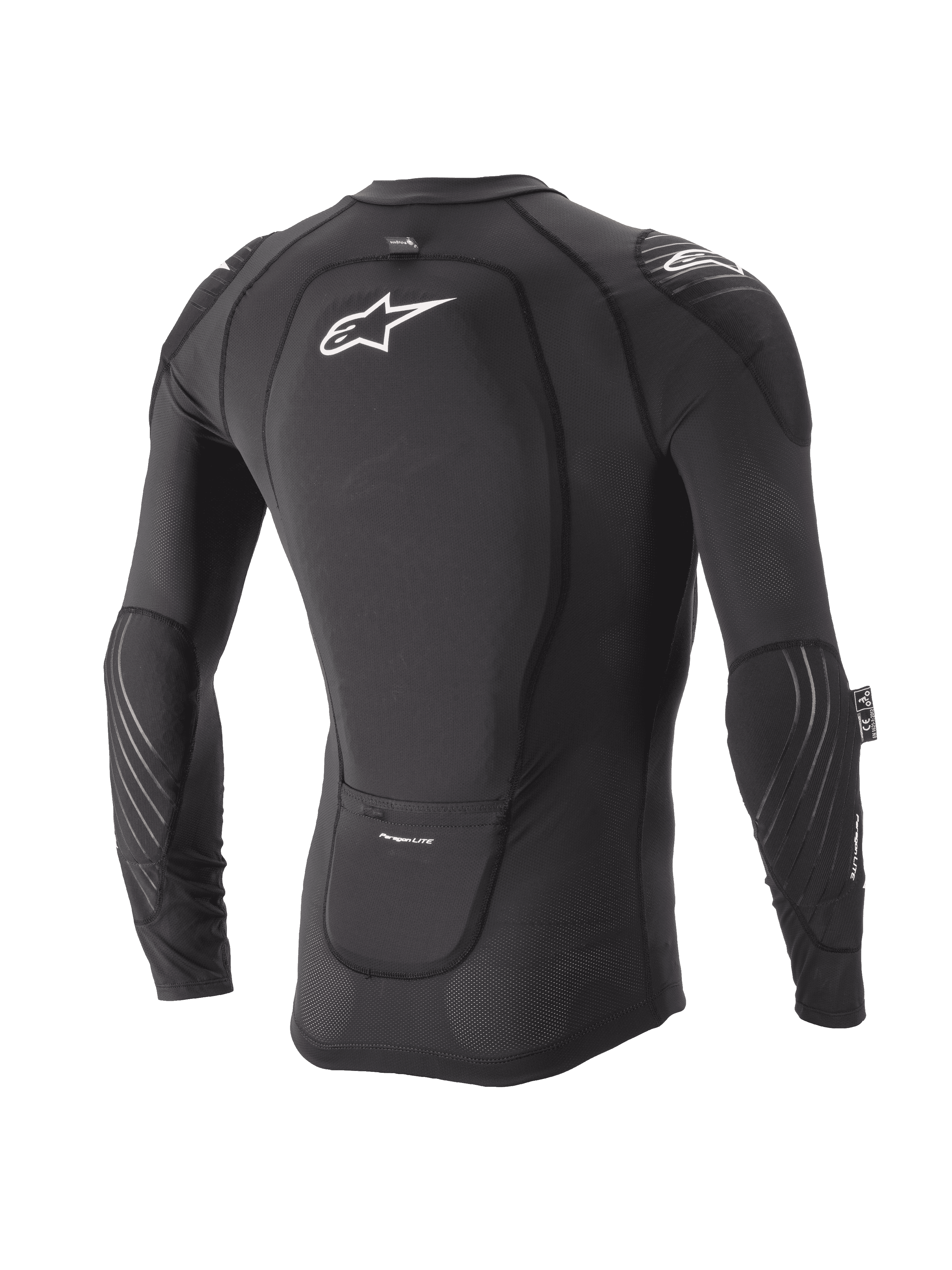 Alpinestars Youth Paragon Lite Protection Jacket, Long Sleeve, Black, rear view showing integrated back protector and white logo, breathable mesh sleeves with elbow padding, lightweight MTB body armor