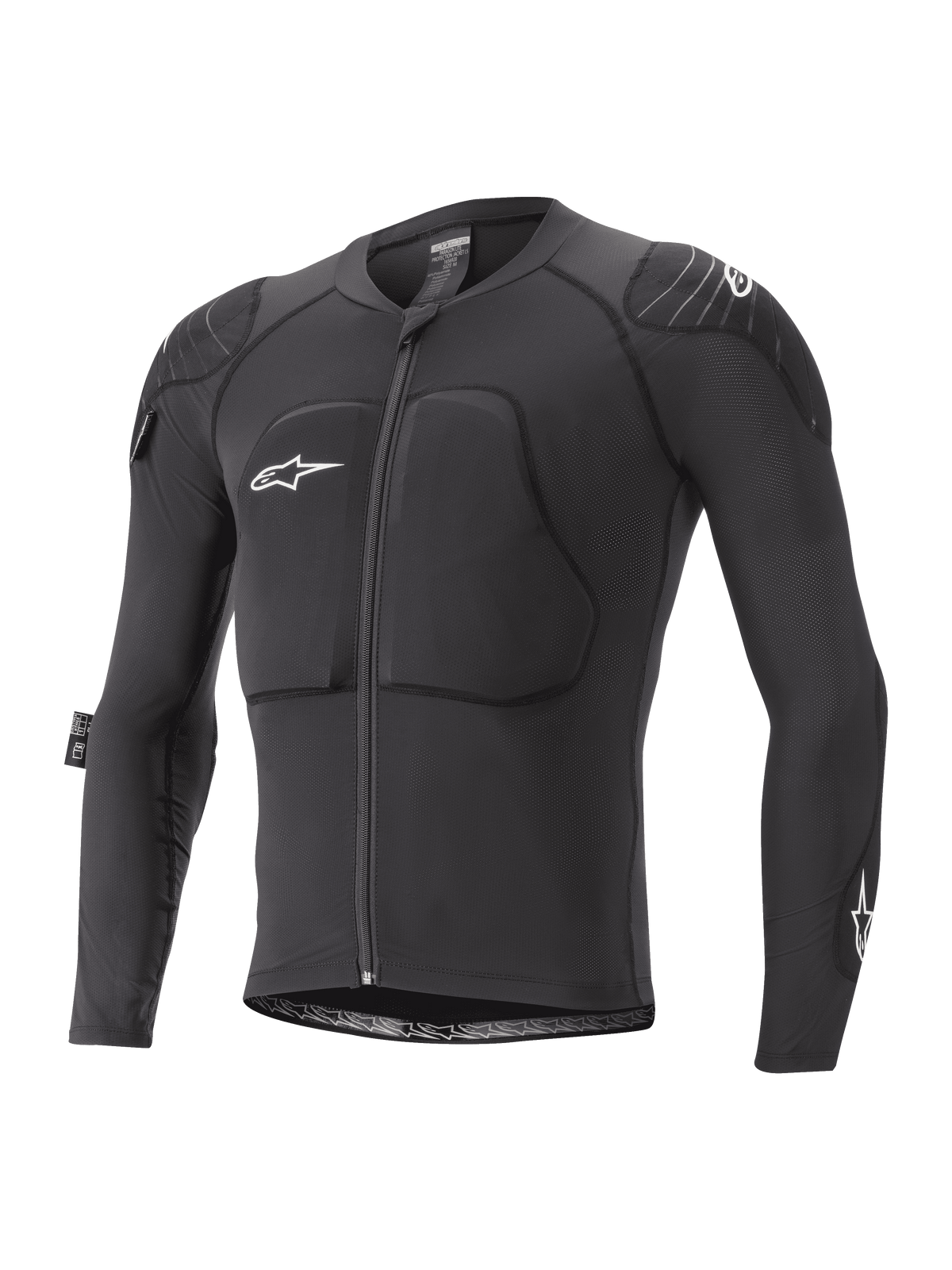 Alpinestars Youth Paragon Lite Protection Jacket, långärmad MTB-skyddsjacka för ungdom, svart med vita logotyper, dragkedja fram, vadderat skydd för bröst och axlar, ärmar i ventilerande mesh, lätt och flexibel design för mountainbikecykling