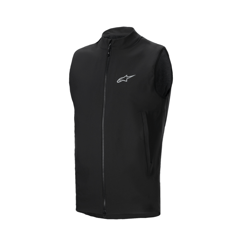 Alpinestars A-Dura Thermal Vest, svart cykelväst, med hel dragkedja fram och en liten reflekterande Alpinestars-logotyp på bröstet, sidofickor med dragkedja, lättisolerad design för mountainbikecykling i kallt väder