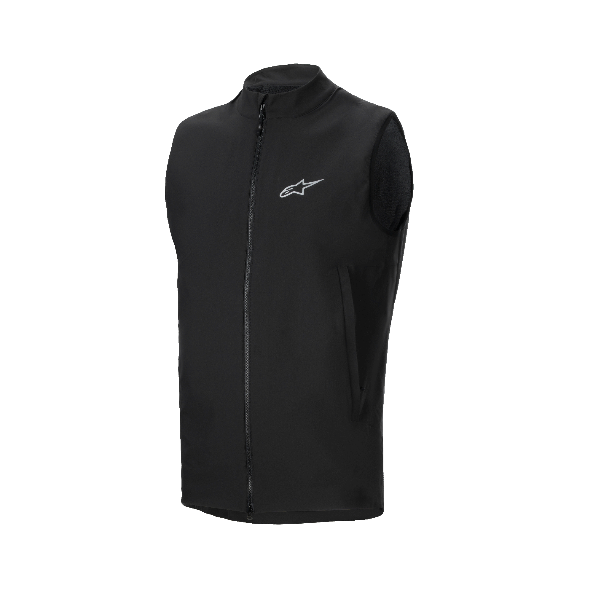 Alpinestars A-Dura Thermal Vest, svart cykelväst, med hel dragkedja fram och en liten reflekterande Alpinestars-logotyp på bröstet, sidofickor med dragkedja, lättisolerad design för mountainbikecykling i kallt väder